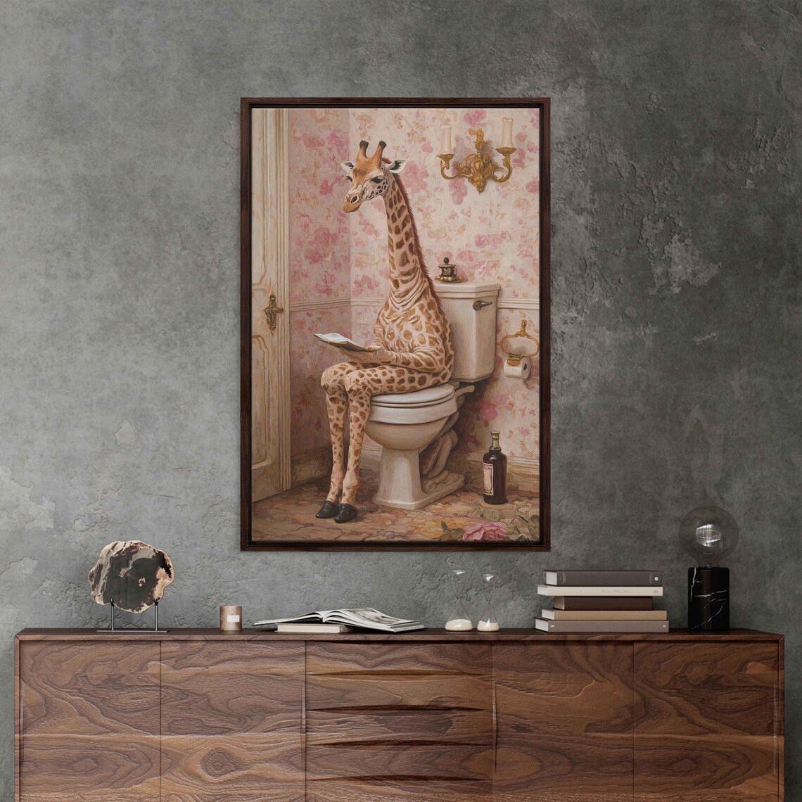 Giraffe Writing Letter On Toilet Pink Floral Vintage Bathroom Poster