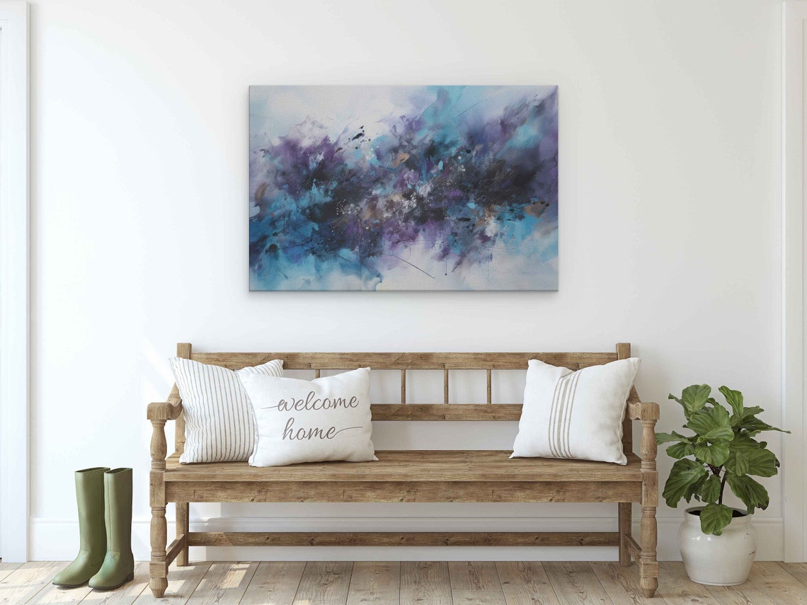 Bluepurple Abstract Paint Splatter Oil Painting Framed Print On Ready To Hang Office Decor - Image 3
