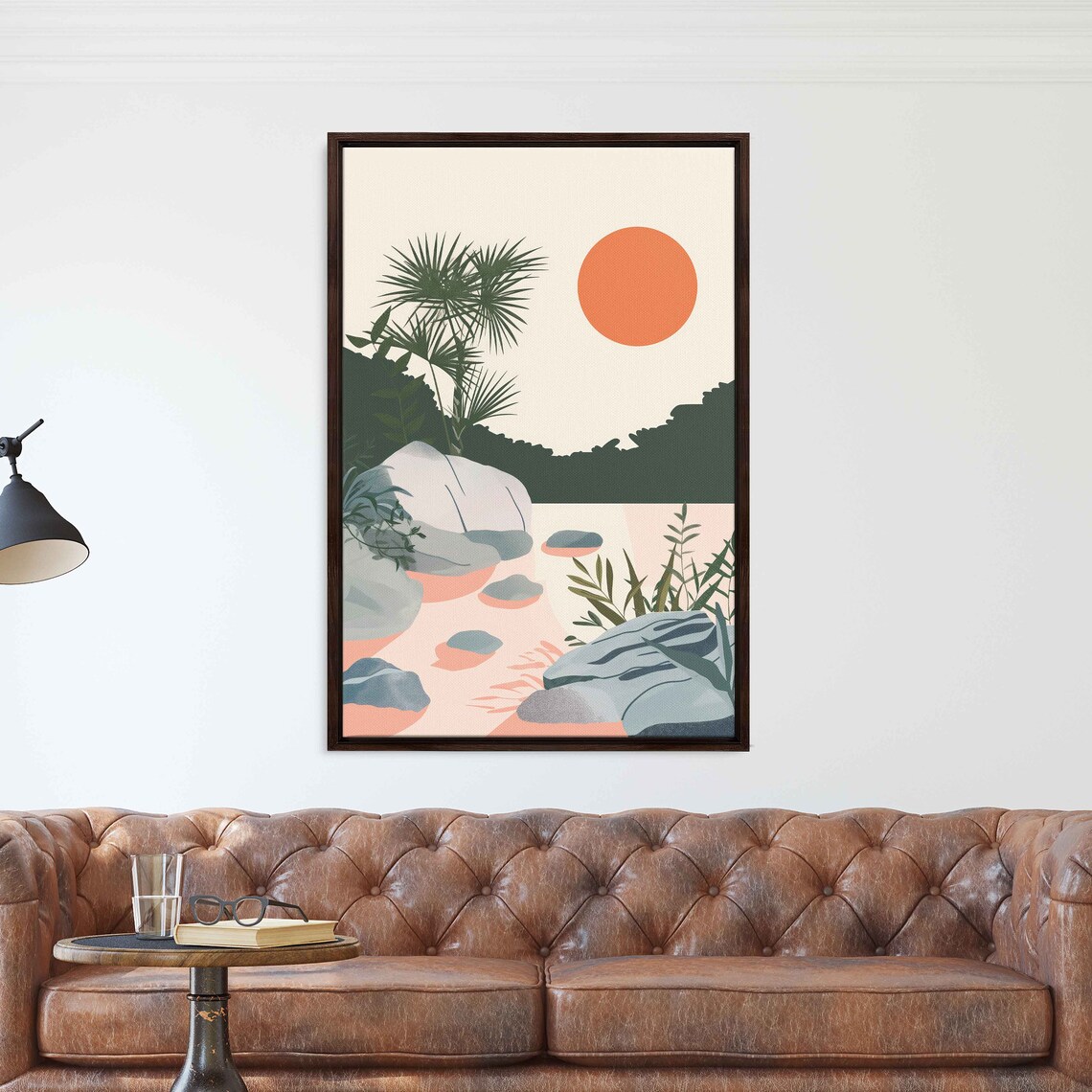 Zen Garden Flowing Stream Smooth Rocks Palm Silhouettes Warm Sun Wall Art - Image 3