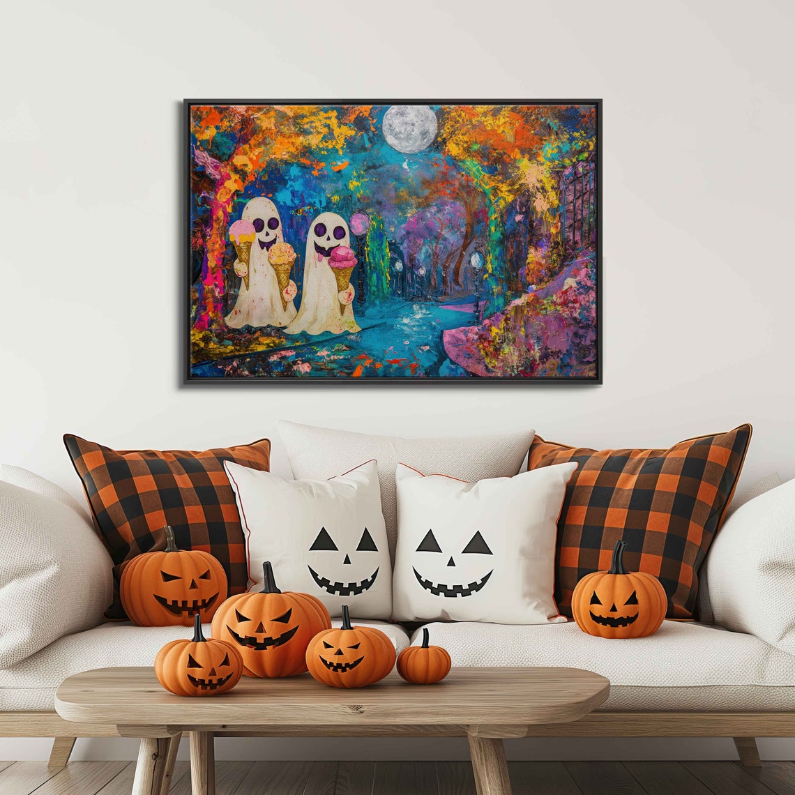 Cute Ghosts Eating Ice Cream Under Full Moon Colorful Poster - Image 3