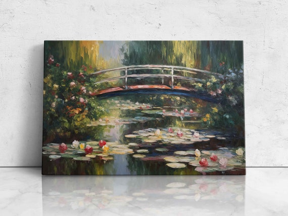 White Water Lilies And Japanese Bridge Impressionist Oil Painting Modern Rendition Print On Ready To Hang