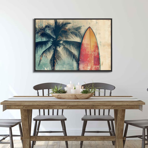 Vintage Surfboard On Sandy Beach Wall Art Print Beach Life Tropical Island Gift For Surfer Palm Trees Ready To Hang