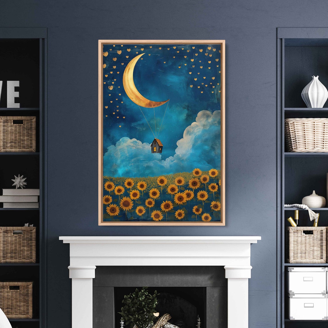 Crescent Moon Balloon Lifting Tiny House Over Sunflower Field Poster - Image 3