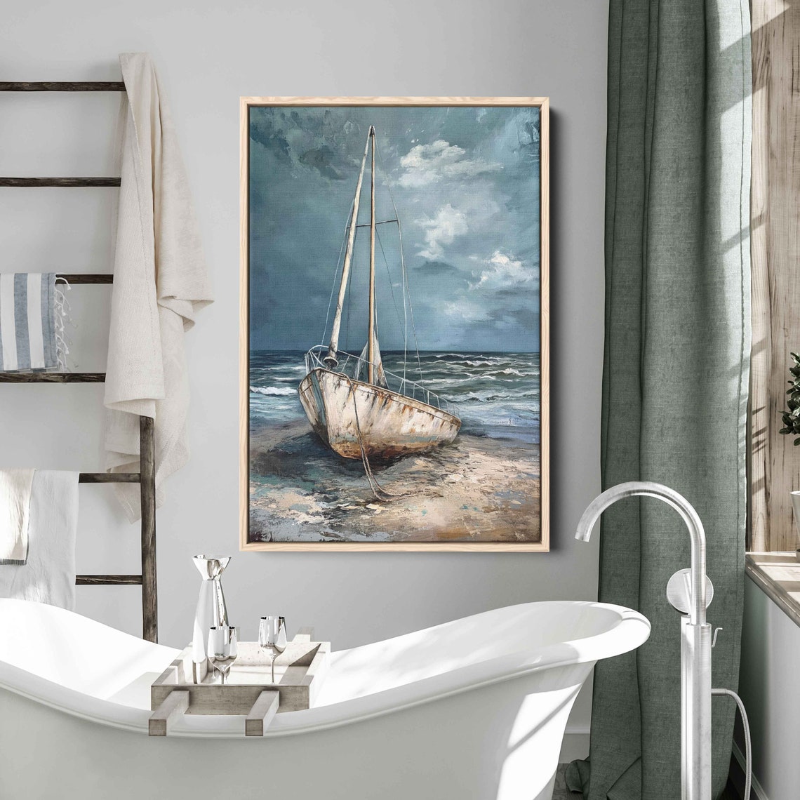 Broken Boat Washed Ashore Painting Cloudy Blue Skies Framed Print Ready To Hang