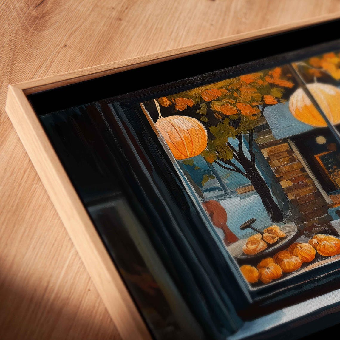 Cozy Coffee Shop Window With Pumpkin Lanterns At Night Art Print - Image 2