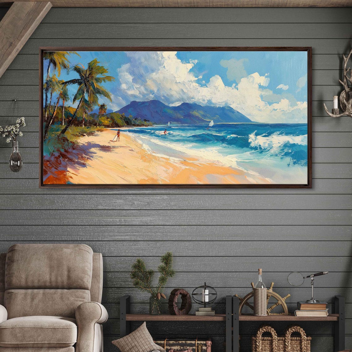 Surfers Catching Waves Off Tropical Island Beach Wall Art Print Gift For Surfer Blue Water Ready To Hang