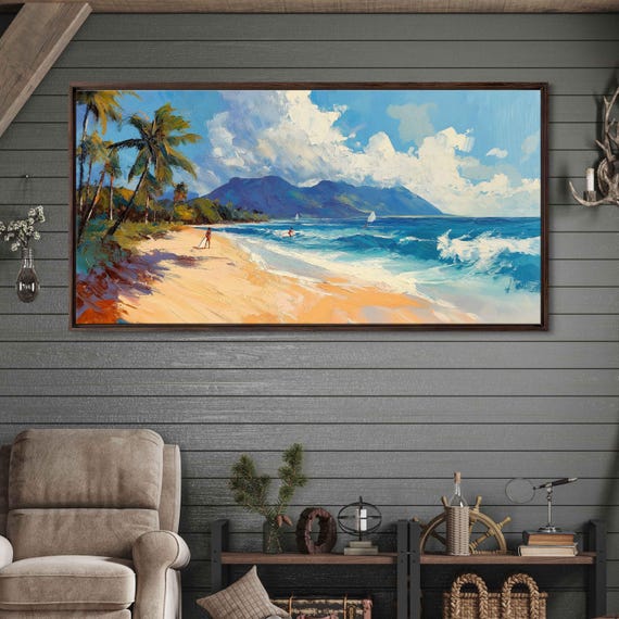 Surfers Catching Waves Off Tropical Island Beach Wall Art Print Gift For Surfer Blue Water Ready To Hang