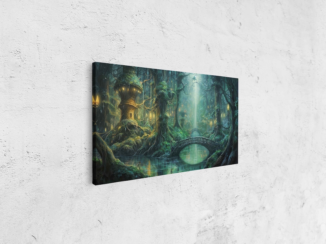 Enchanted Lantern-Lit Forest Village, Fantasy Art Print - Image 4