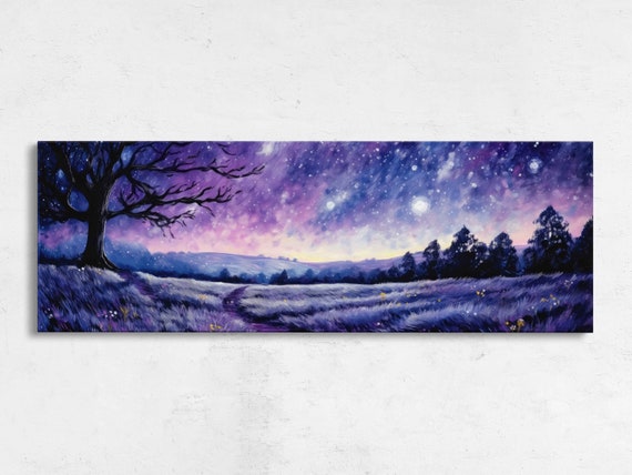 Colorful Lavender Field Panoramic Painting Reproduction Print Ready To Hang Starry Night Sky
