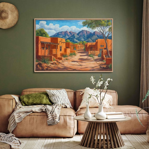 Sunlit Adobe Village Wall Art Print Vibrant Terracotta Colors Southwestern Motifs