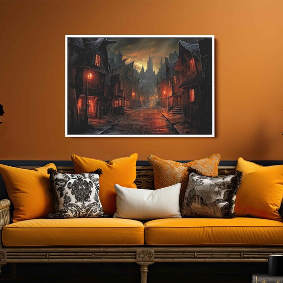 Spooky Haunted Old Town Night Street Gothic Castle Lantern Light Poster