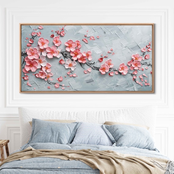 Vibrant Cherry Blossom Tree Painting Cherry Blossom Petals Vivid Color Wall Art Print Ready To Hang