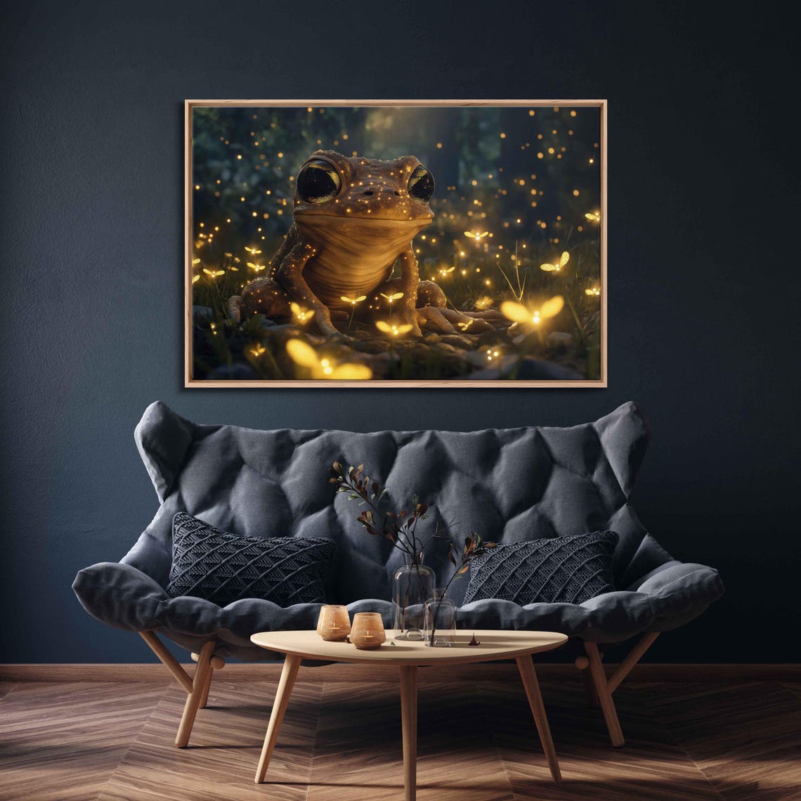 Adorable Big-Eyed Frog Among Glowing Fireflies Whimsical Poster