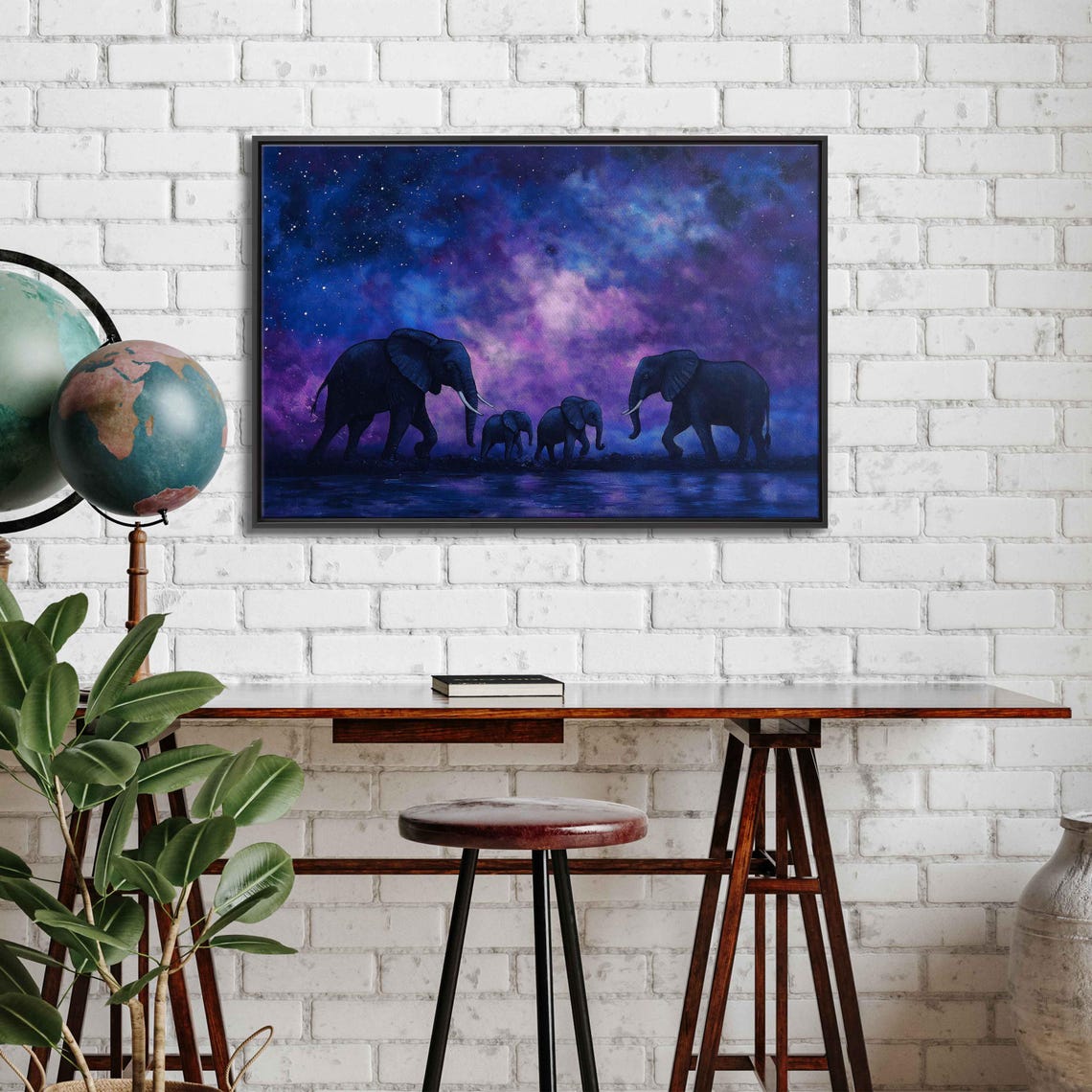 Elephant Family Under Starry Sky Wall Art Print Tranquil Night Scene - Image 3