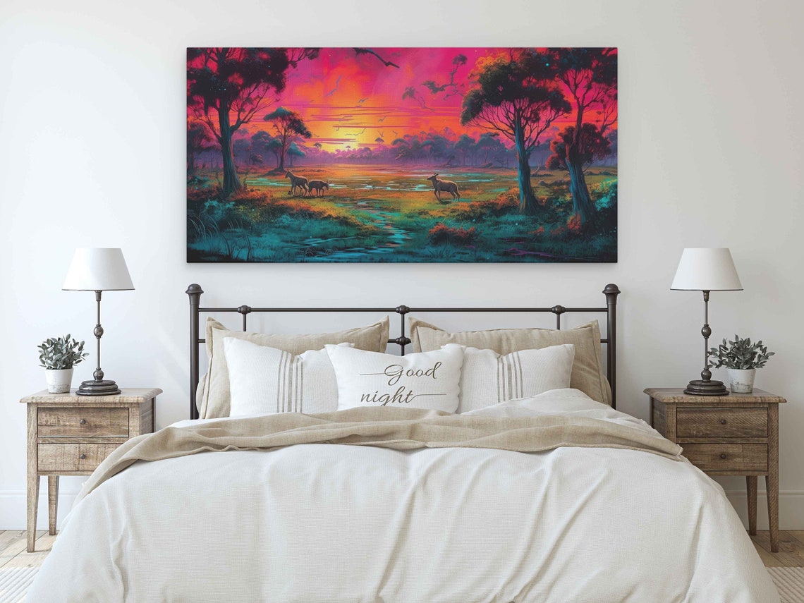 Neon African Plains Colorful Sunset Framed Print Ready To Hang - Image 3