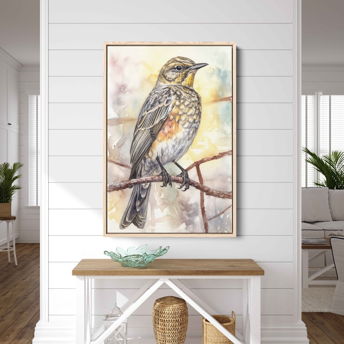 Songbird On Branch Watercolor Painting Soft Yellow Tones Art Poster