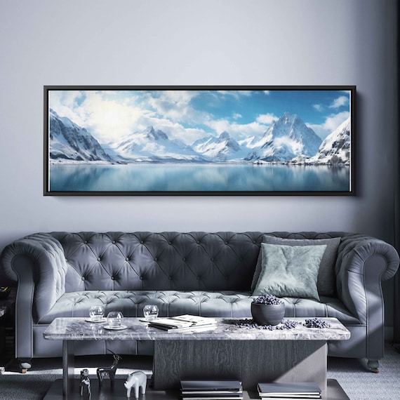 Serene Lakeside Mountain Range Panoramic Wall Art Lake And Snowy Mountains Framed Print Ready To Hang