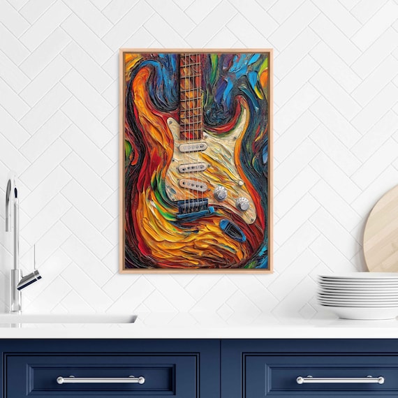 Electric Guitar Impasto Oil Painting Textured Colorful Musical Energy Poster