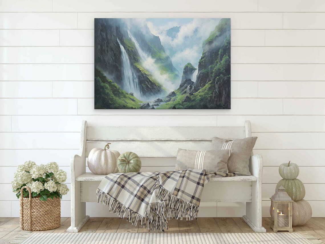Misty Mountain Waterfalls Lush Green Gorge Scenic Nature Poster - Image 2