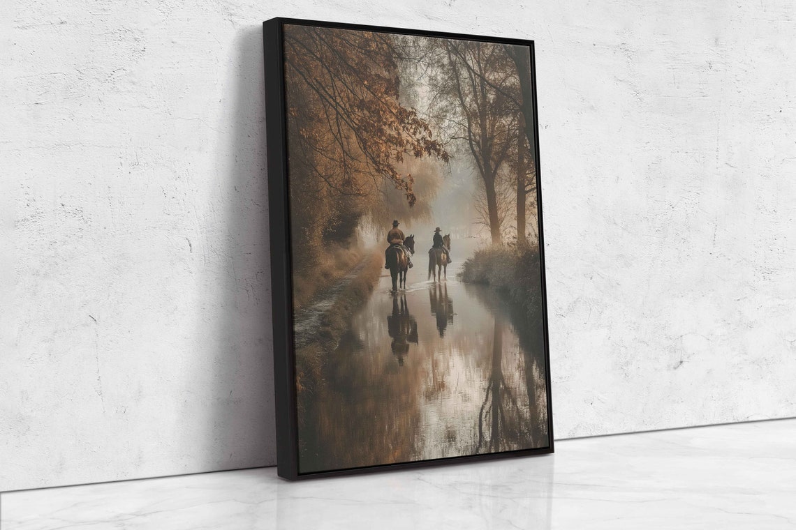 Two Cowboys Riding Horses Misty River Autumn Forest Western Art Poster - Image 4
