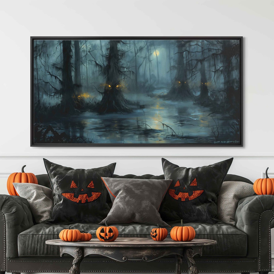 Misty Swamp Glowing Eyes Mangled Trees Foggy Moonlit Night Wall Art