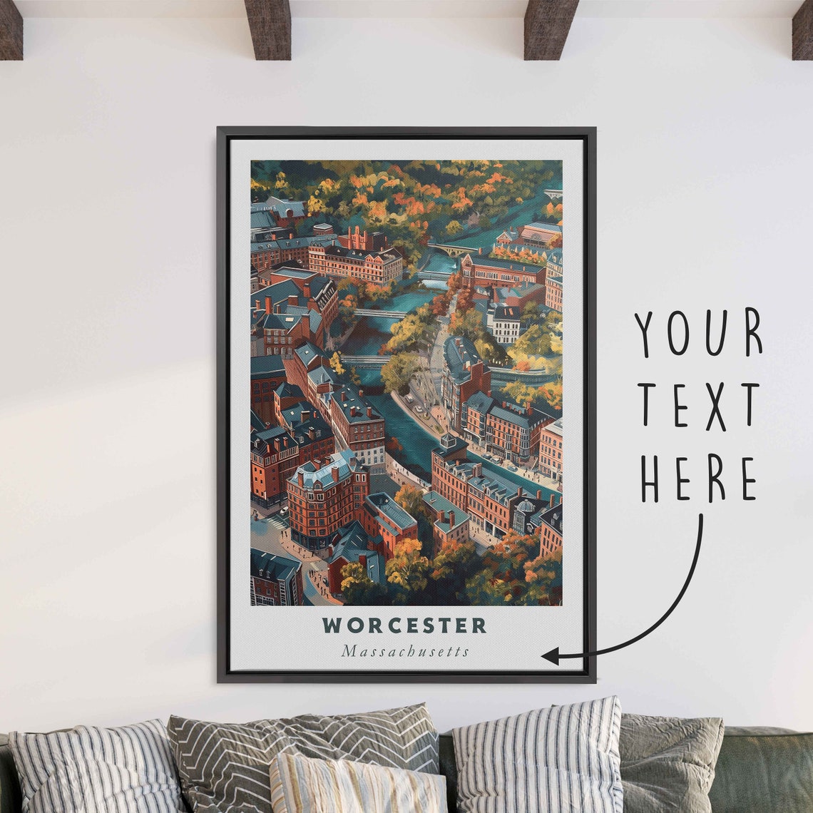 Worcester Massachusetts Autumn City River Aerial Travel Poster