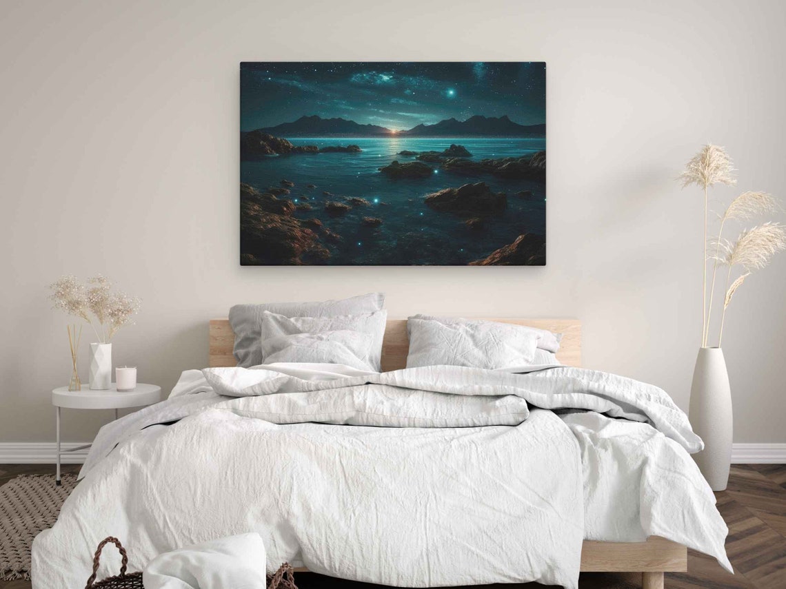 Dreamy Night Beach Turquoise Water Stars Rocky Shore Art Poster - Image 3