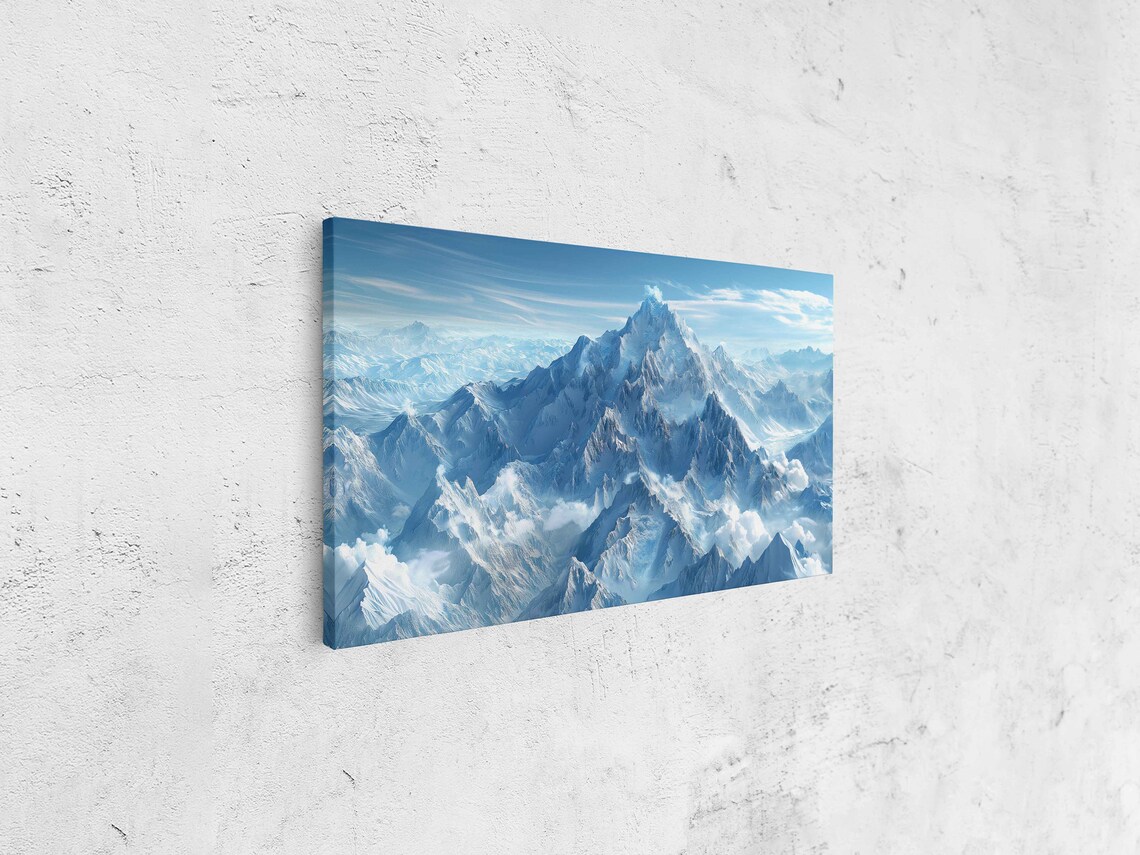 Snowy Mountain Range Fluffy Clouds Wall Art Print Ready To Hang - Image 4
