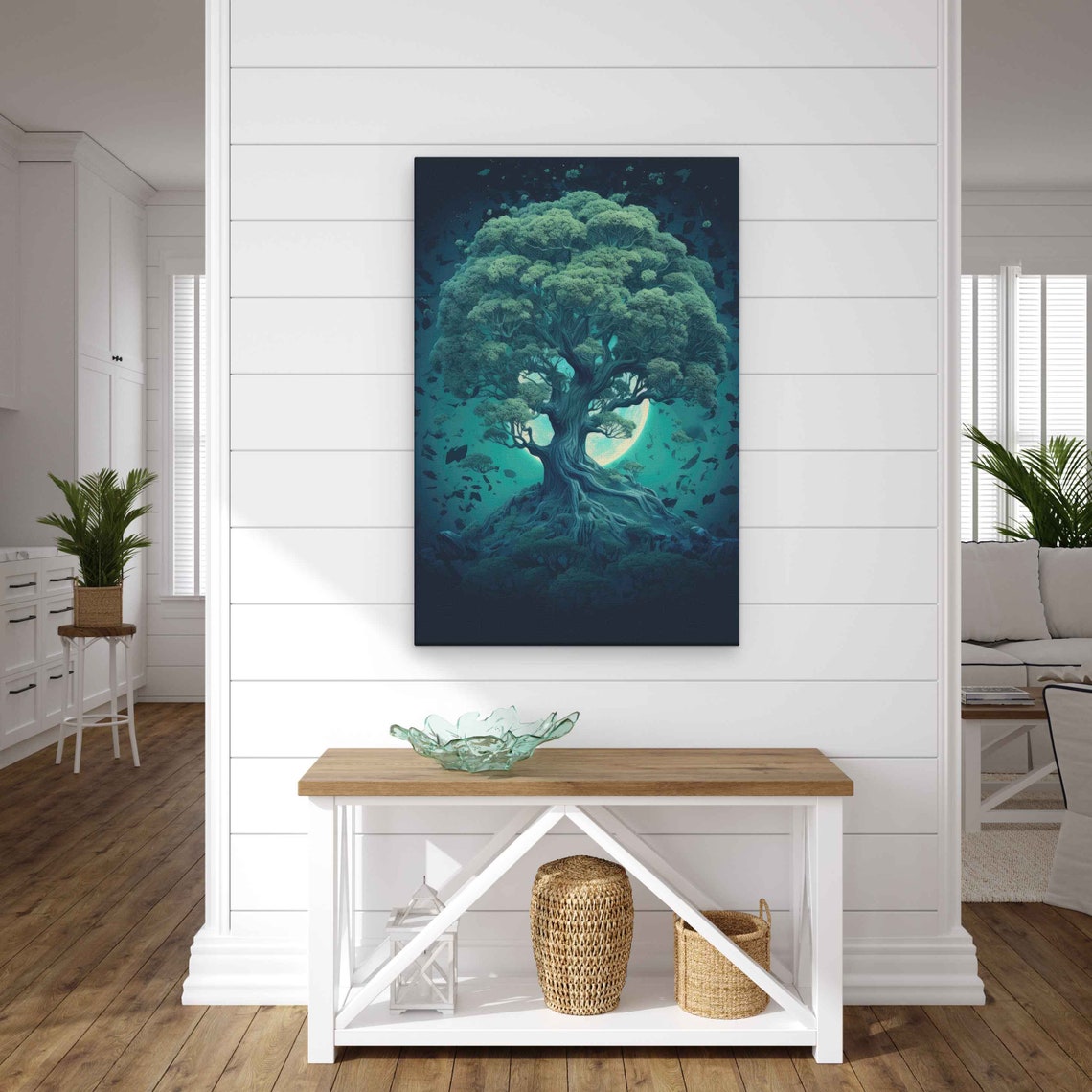 Elder Tree Backlit by Full Moon Teal Night Fragments Fantasy Poster - Image 2