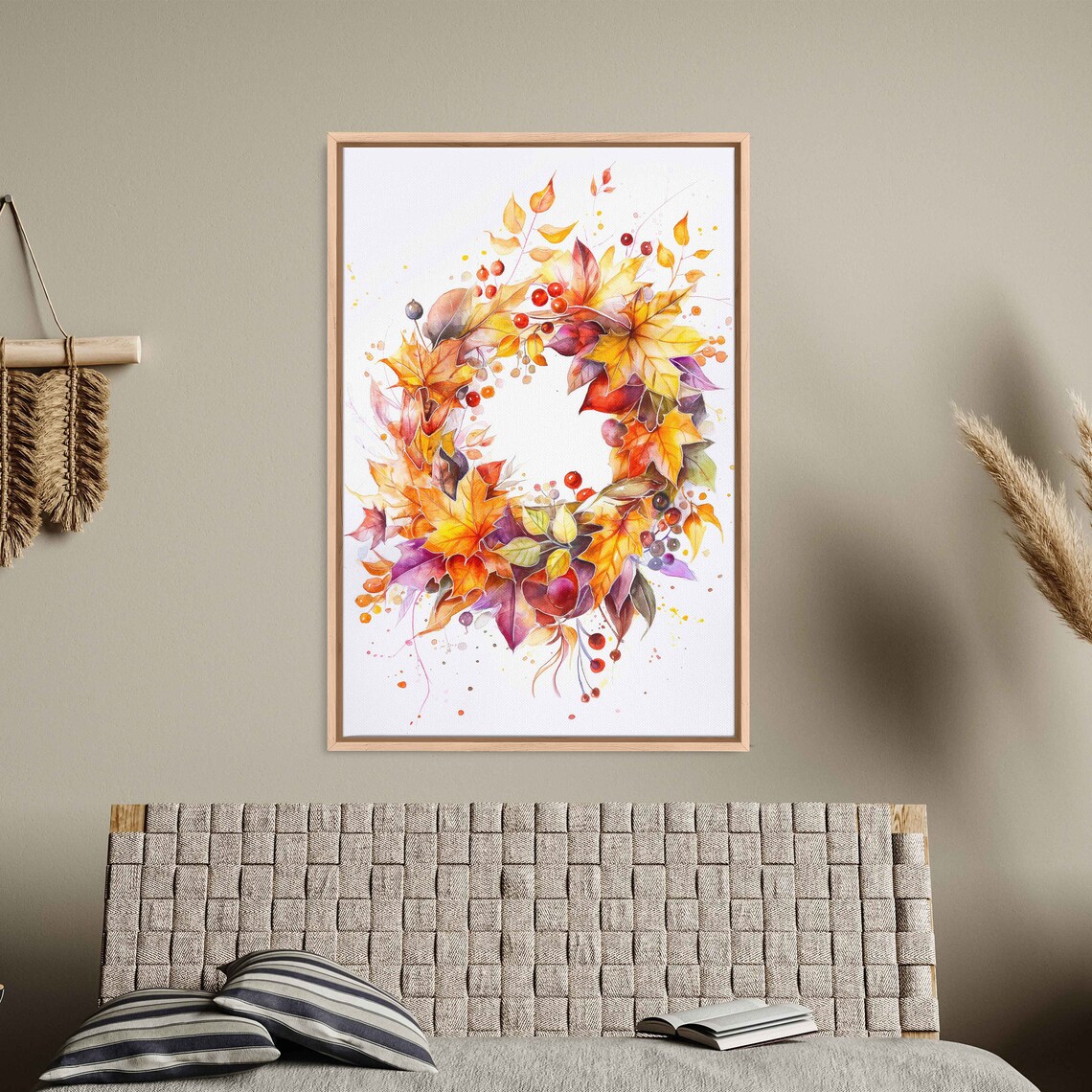Watercolor Autumn Wreath With Fall Leaves And Red Berries Wall Art - Image 3