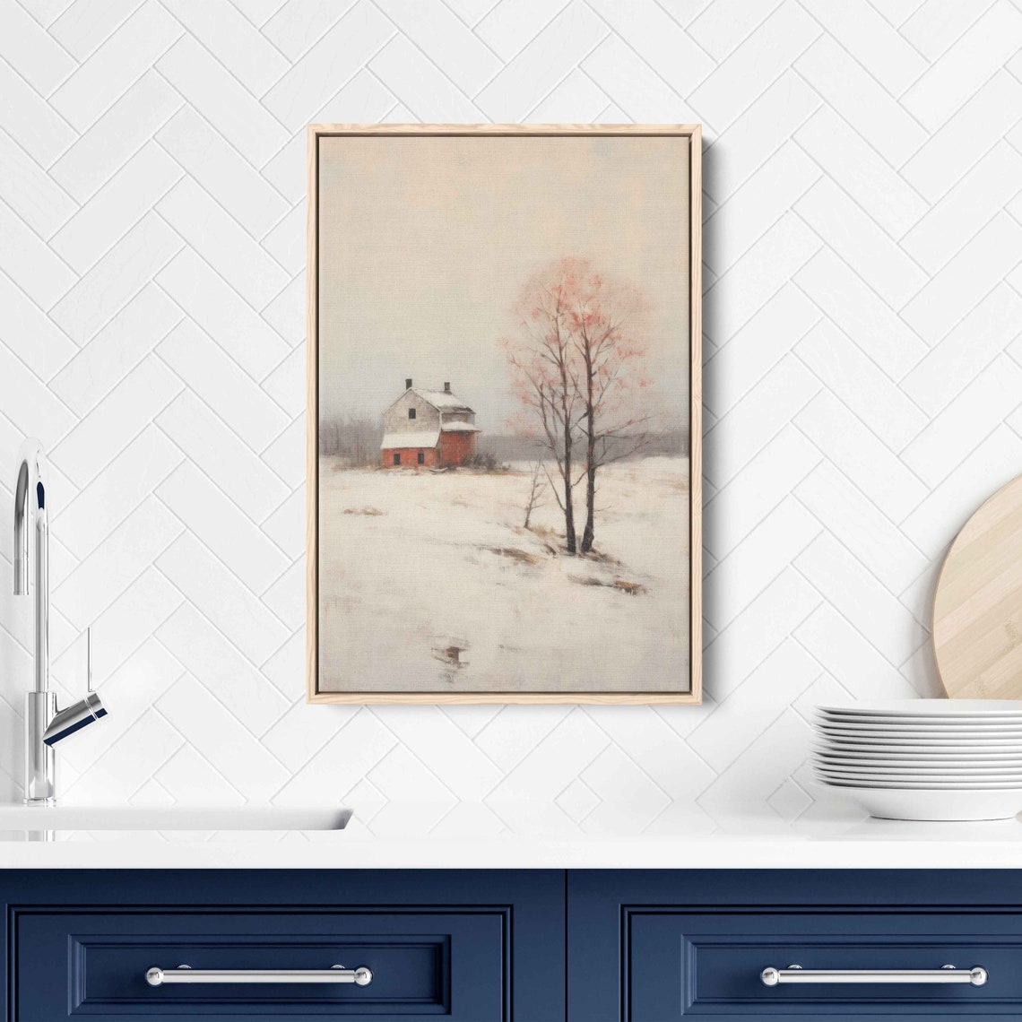 Snowy Winter Farmland Red Barn Minimalist Rural Landscape Snow Print - Image 2