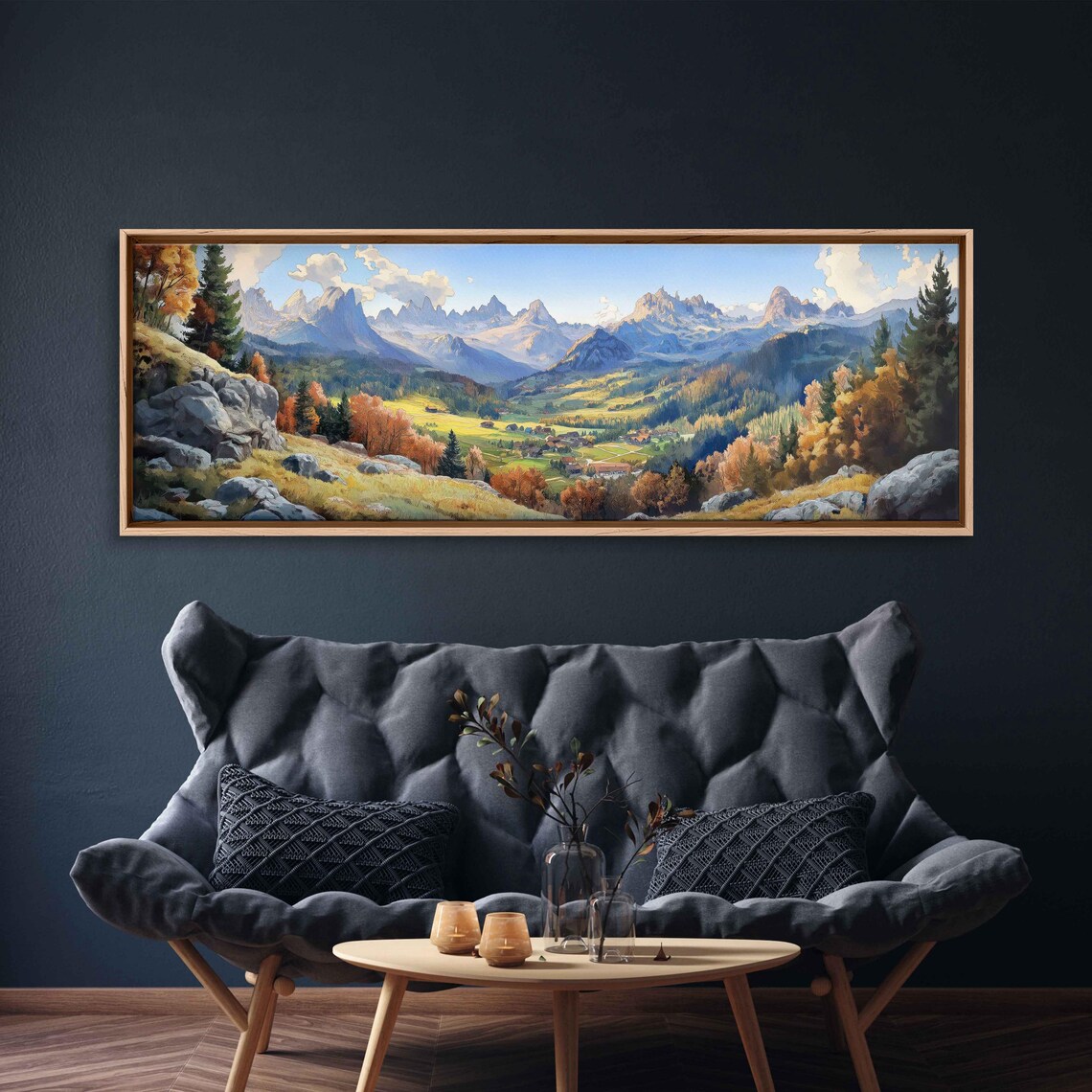 Swiss Alps Panoramic View Wall Art Print Watercolor Landscape Vibrant Seasons