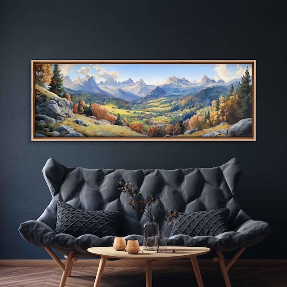 Swiss Alps Panoramic View Wall Art Print Watercolor Landscape Vibrant Seasons