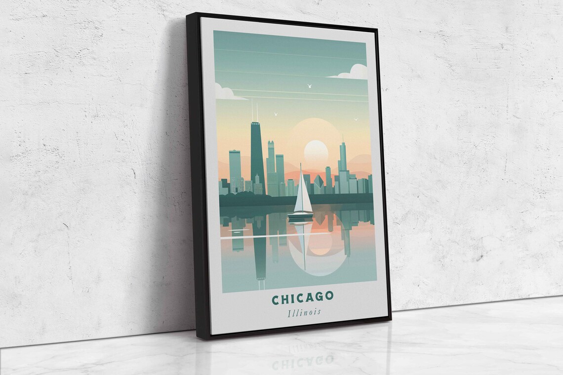 Chicago Illinois Skyline Sunset Sailboat Lake Reflection Travel Poster - Image 2