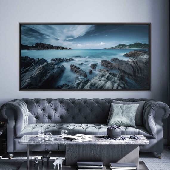 Moody Rocky Coastline Teal Sea Long Exposure Silky Waves Panoramic Poster
