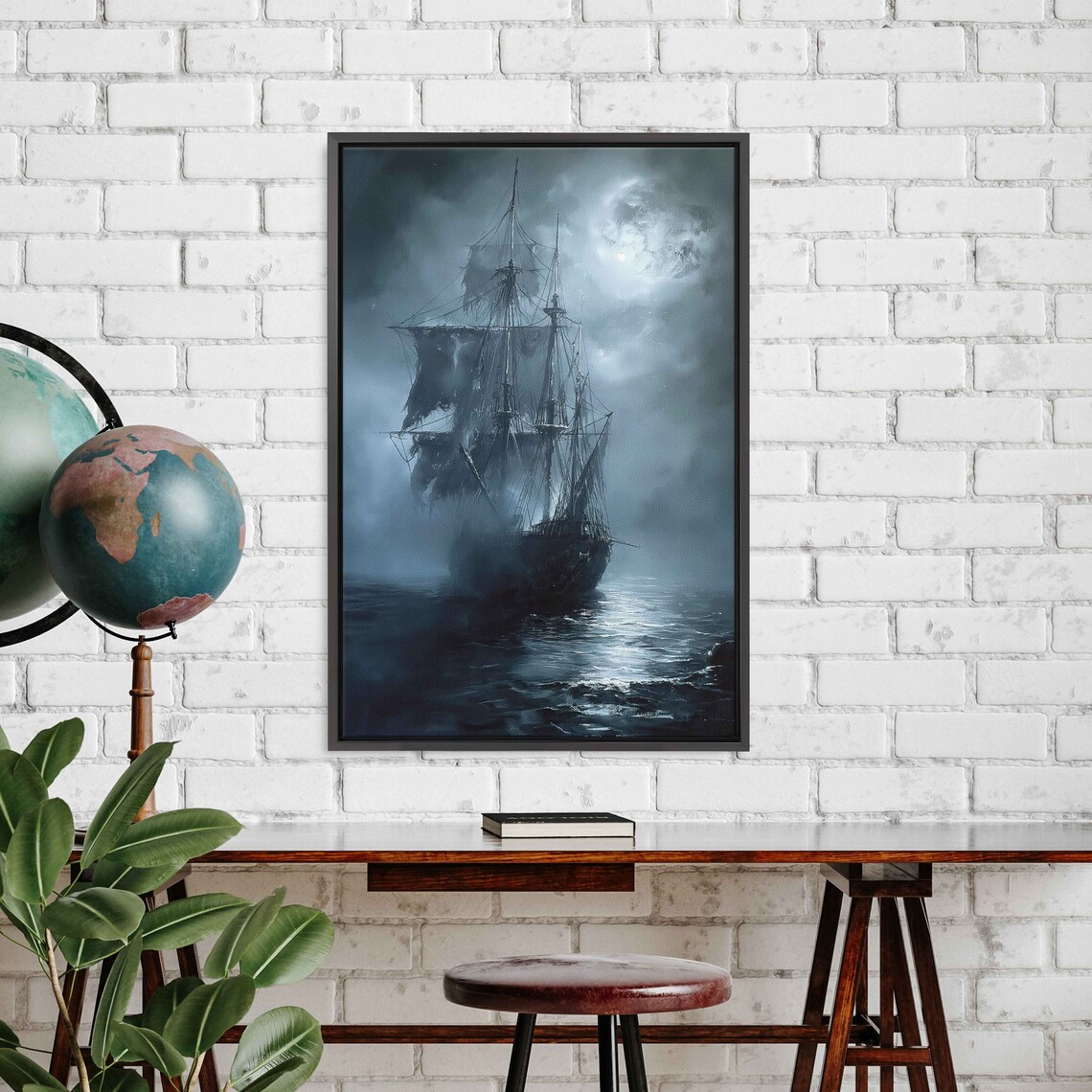 Haunted Ghost Pirate Ship, Moonlit Sea Poster Print - Image 3
