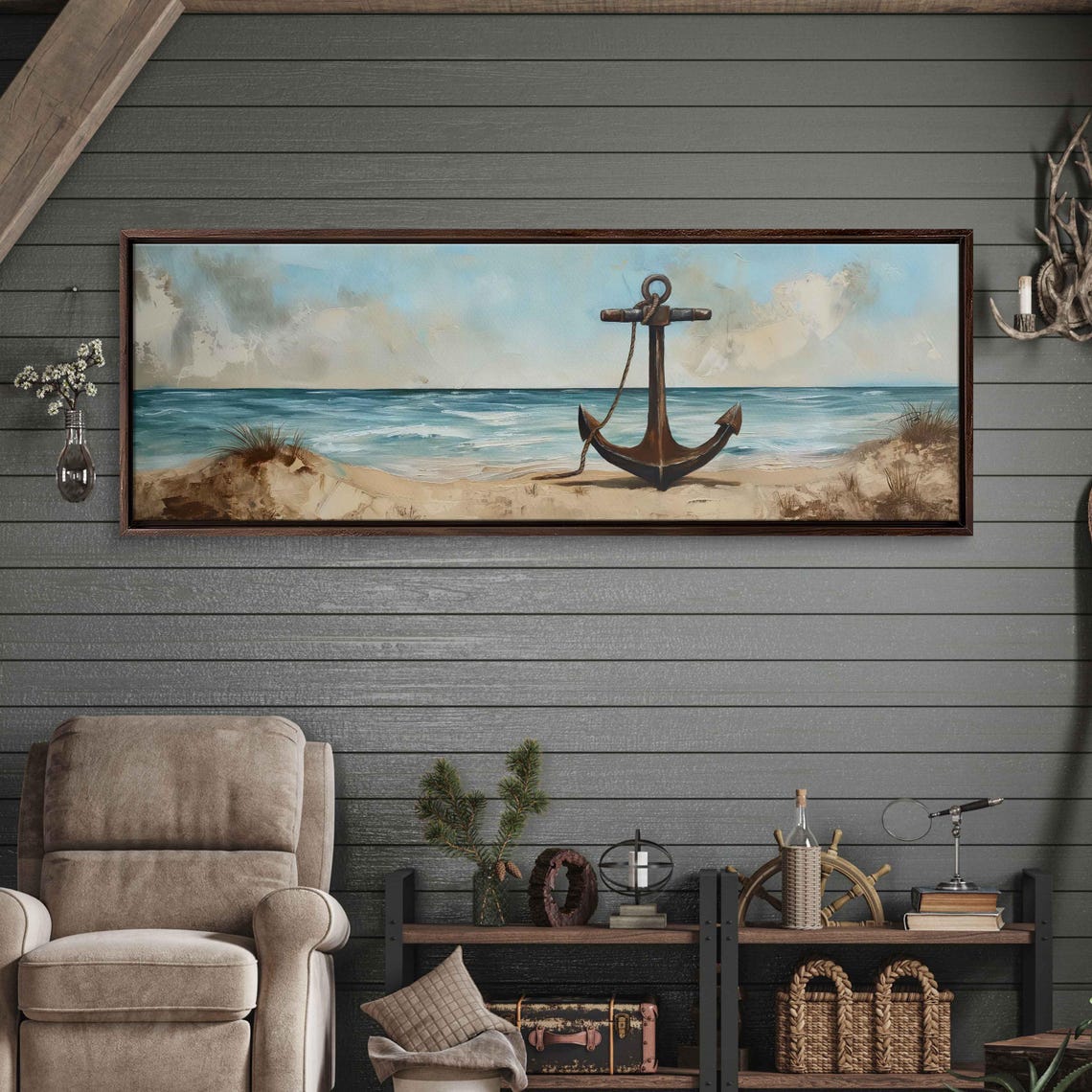 Vintage Anchor Standing Sandy Beach Ocean Waves Panoramic Poster