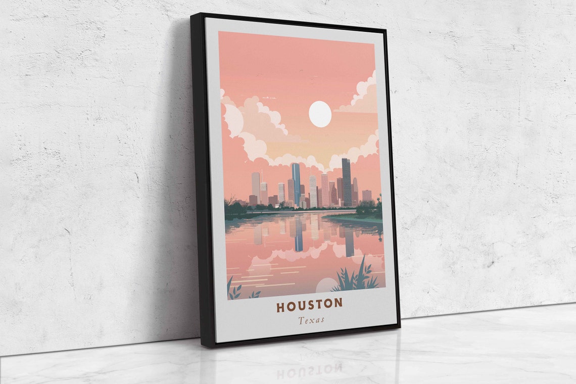 Houston Texas Skyline Lake Reflection Pink Clouds Travel Poster - Image 2