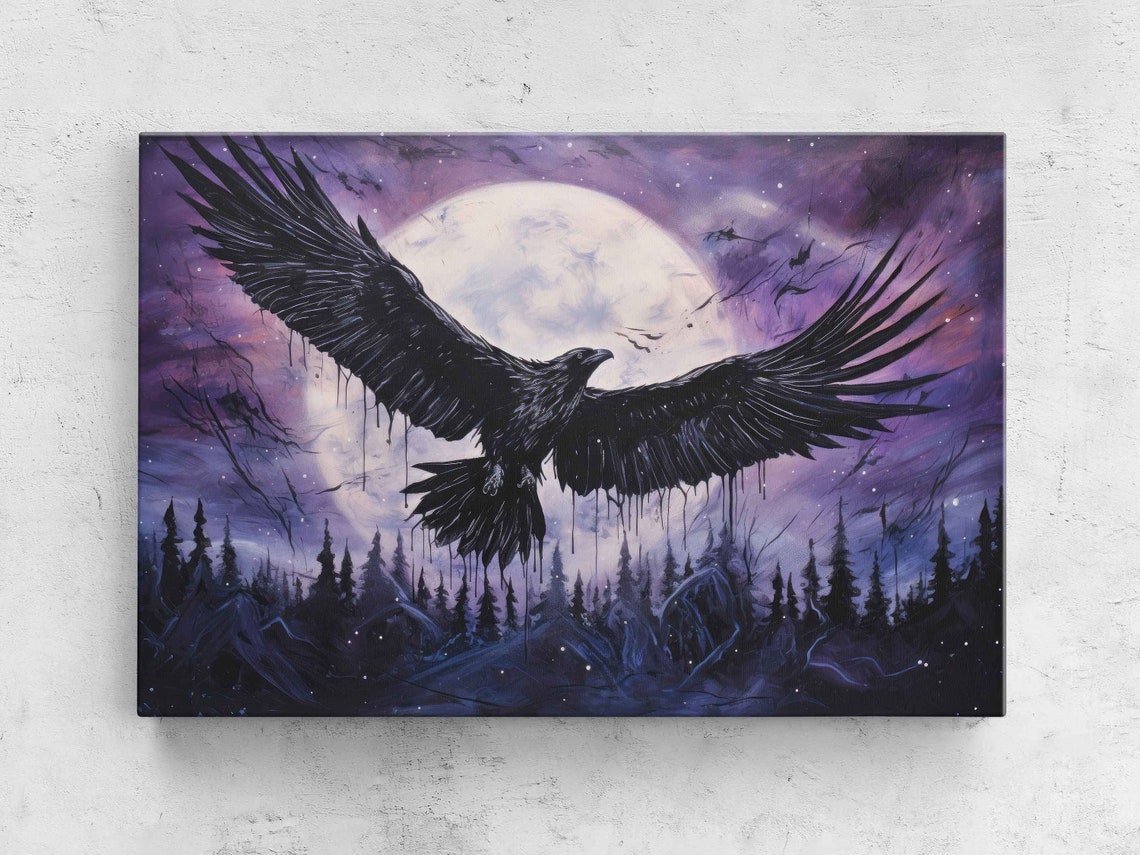 Flying Crow Under Full Moon Purple Night Sky Mystical Bird Poster