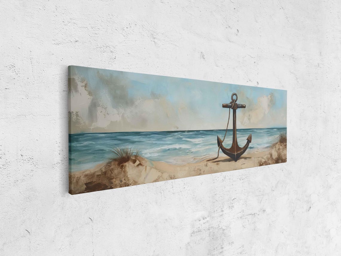 Vintage Anchor Standing Sandy Beach Ocean Waves Panoramic Poster - Image 4