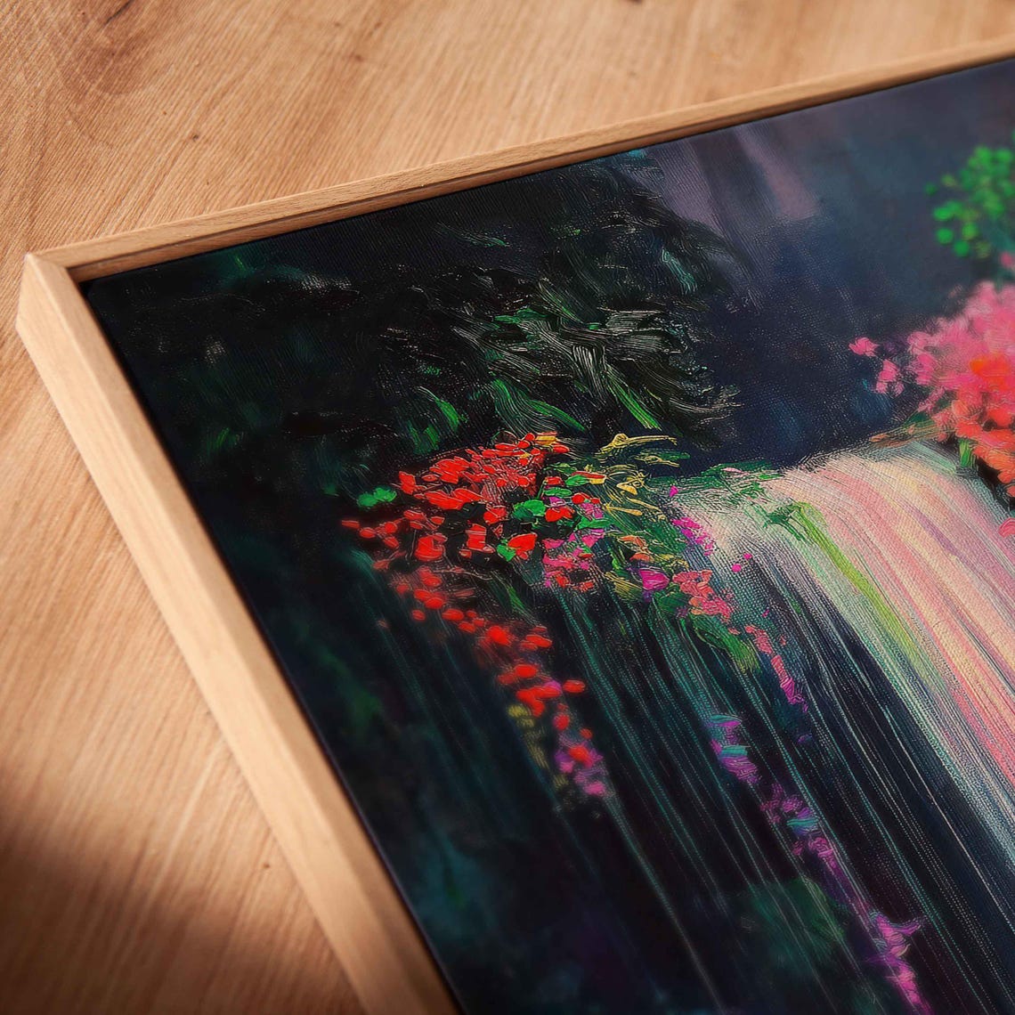 Glowing Neon Waterfall With Pink Flowers And Teal Pool Art Poster - Image 2