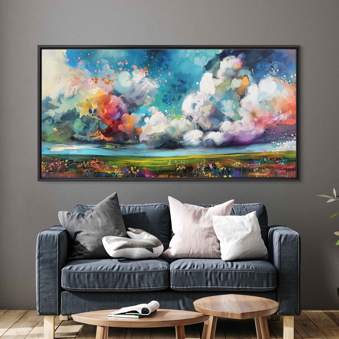 Vibrant Cloud Sky Abstract Meadow Flowers Colorful Modern Art Poster - Image 3