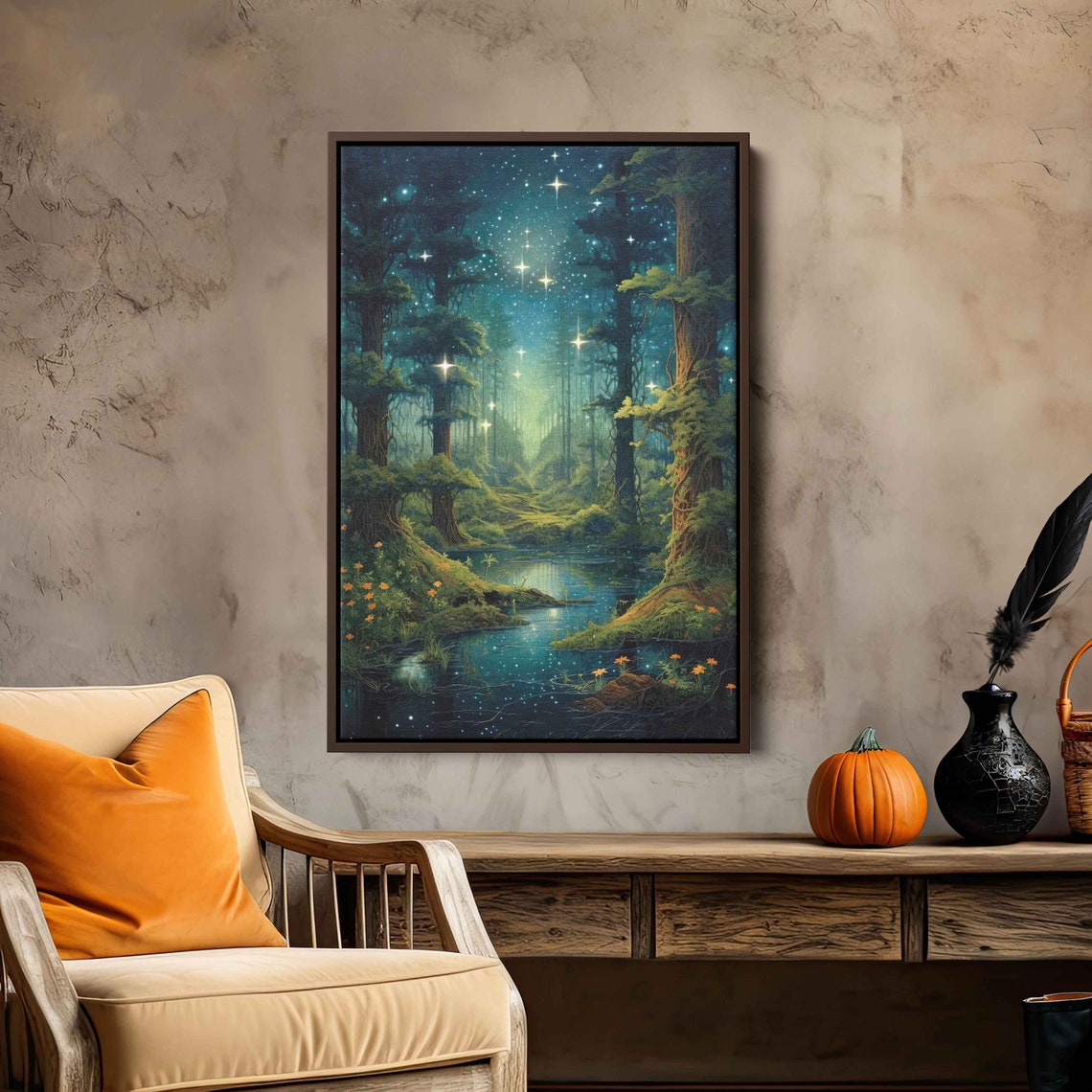 Enchanted Forest Starry Night Sky Print On Framed Art Ready To Hang Vibrant Colors - Image 3