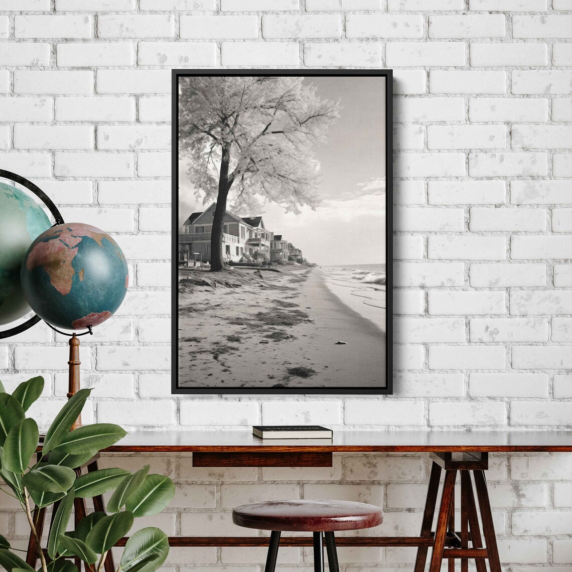 Grayscale Beach Houses Sandy Shoreline Rolling Waves Black White Photo Print