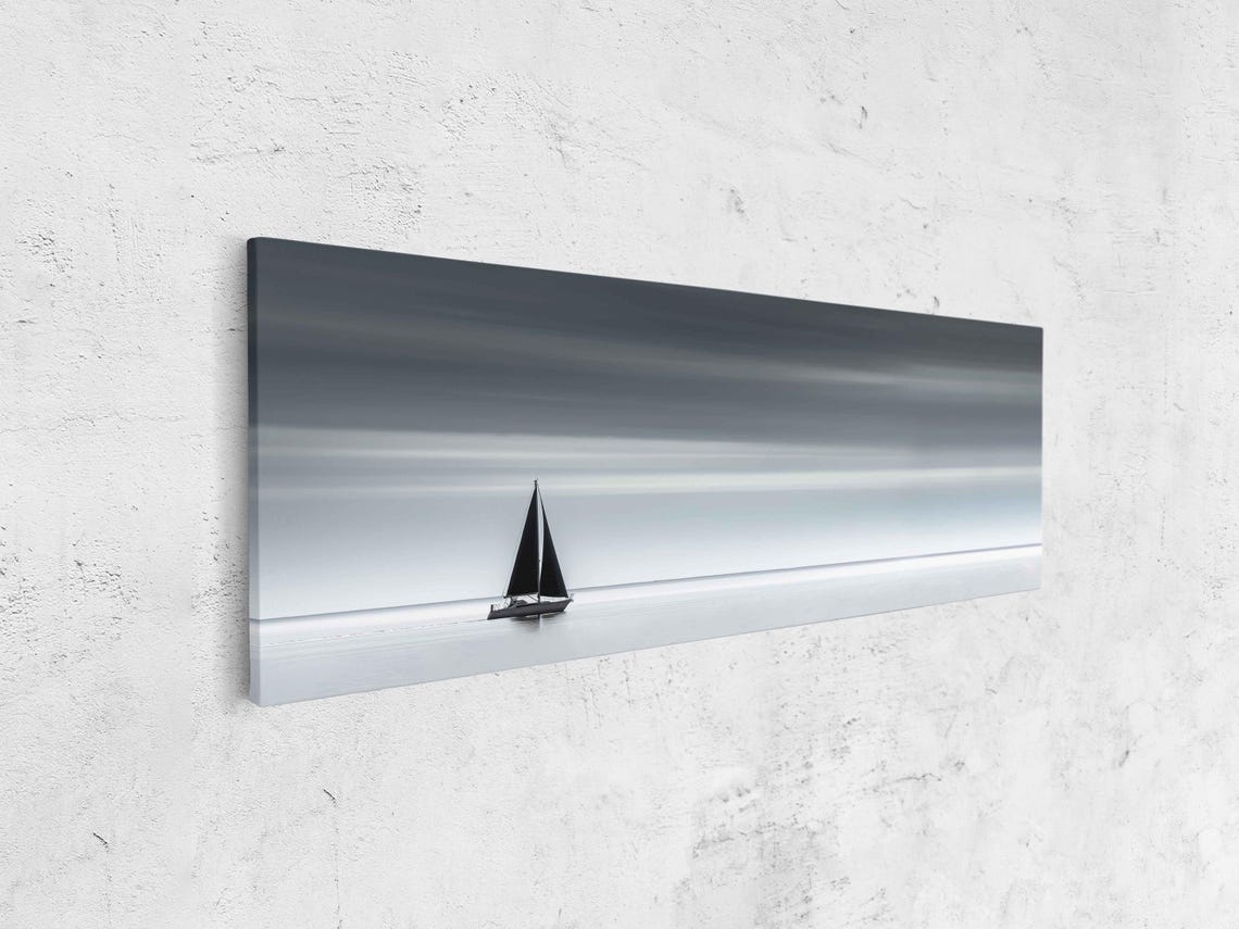 Tiny Sailboat On Misty Gray Sea Black White Panoramic Poster - Image 4