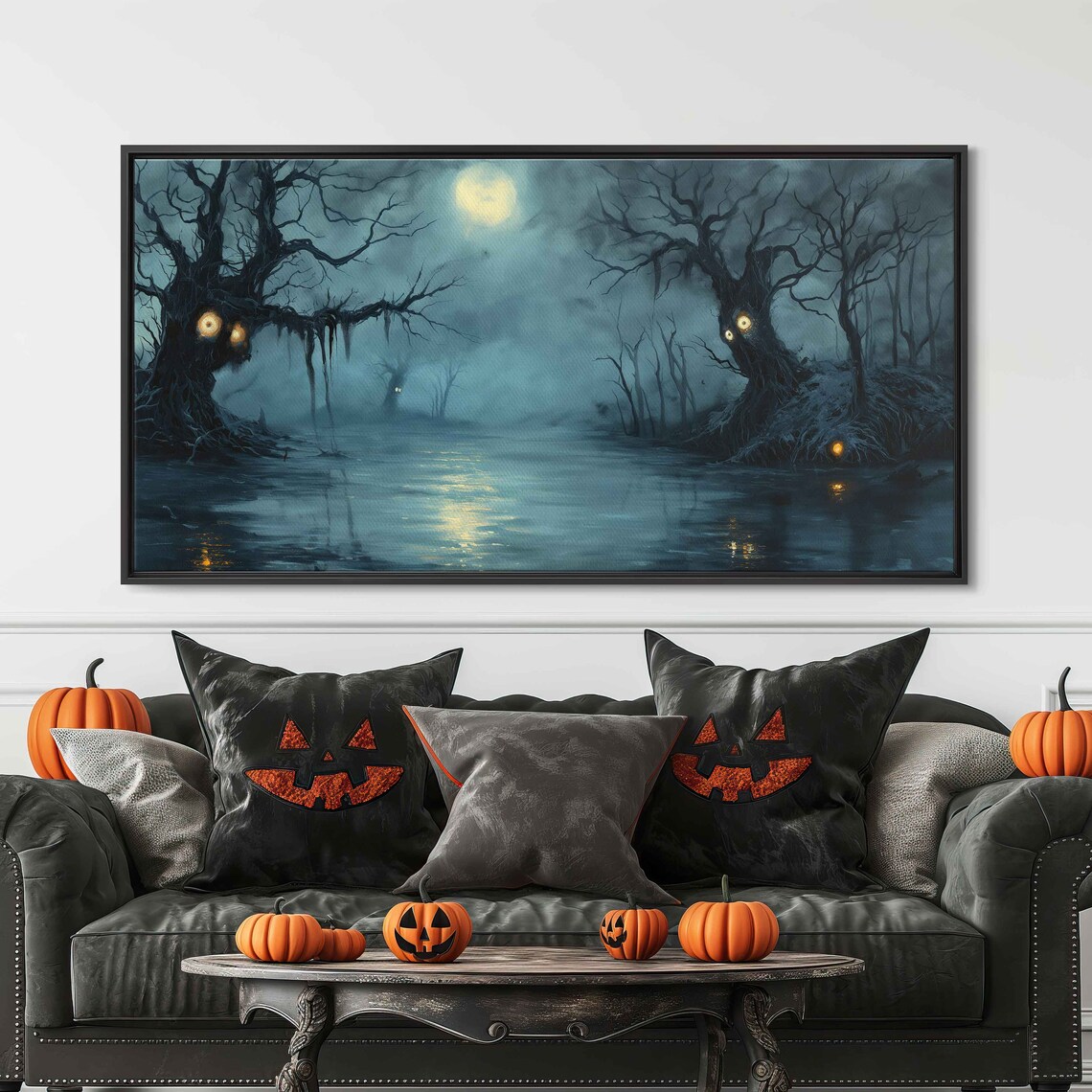 Misty Swamp Foggy Night Glowing Eyes Spooky Halloween Wall Art - Image 3