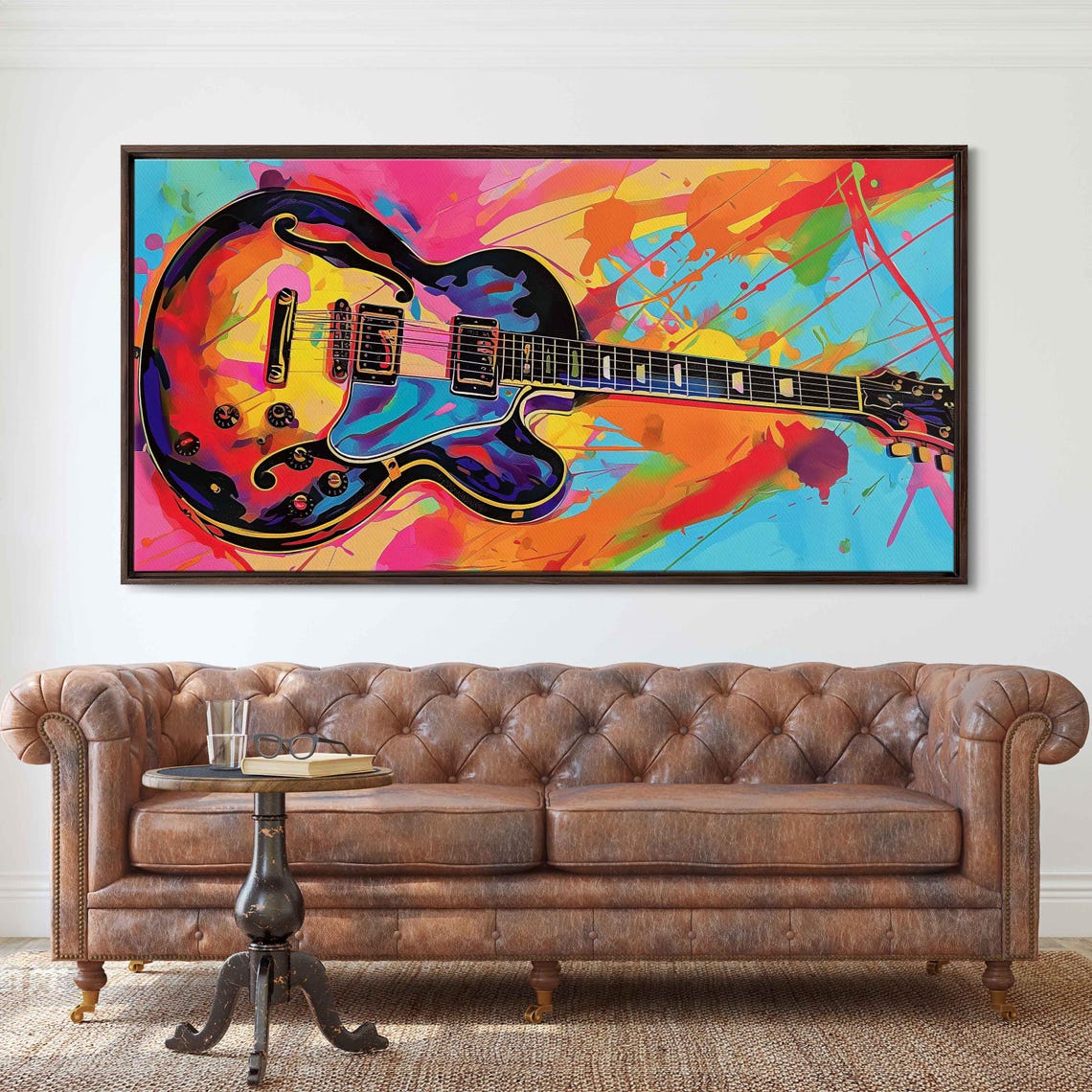 Neon Pop Art Electric Guitar With Colorful Paint Splashes Music Poster