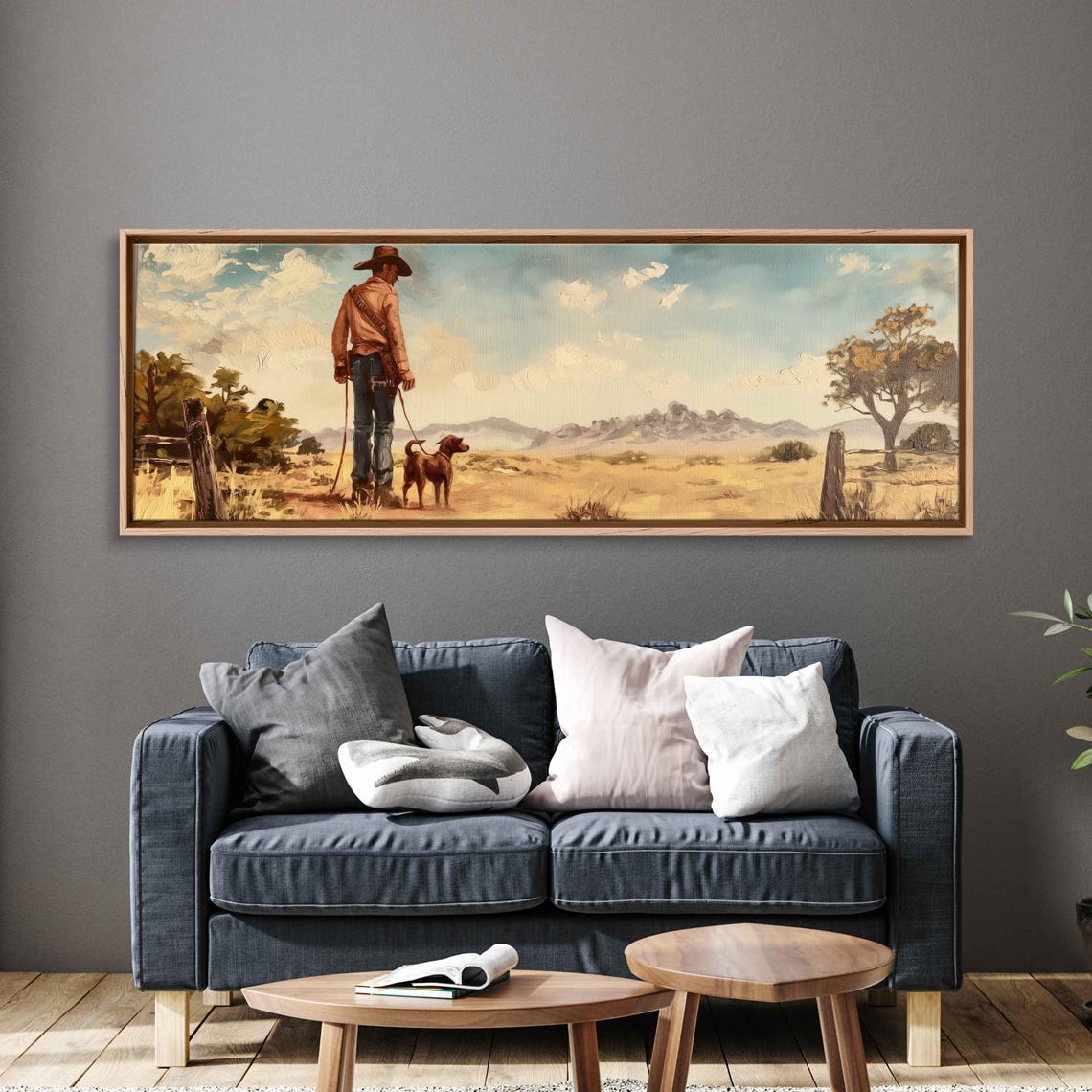 Cowboy Walking Dog Golden Desert Mountains Panoramic Wall Poster