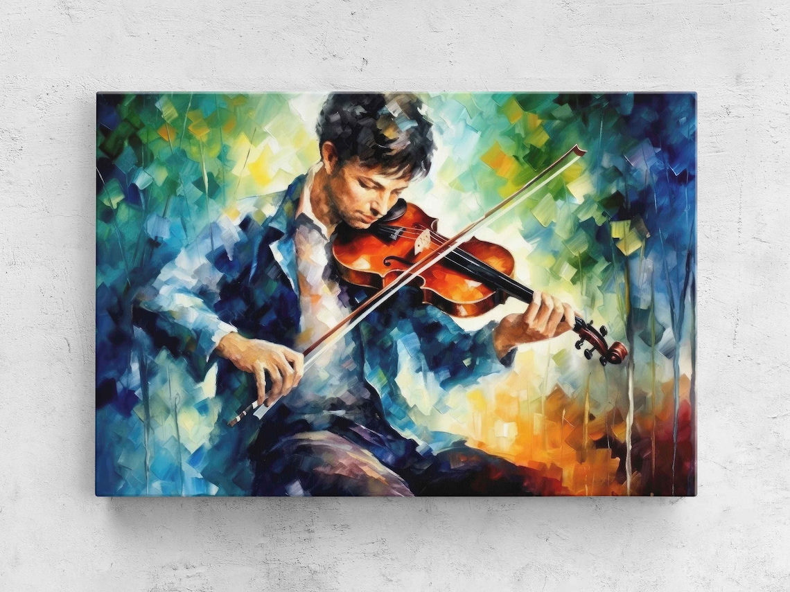 Violinist Playing Violin Colorful Palette Knife Oil Painting Music Art Poster