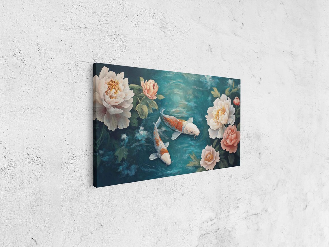 Koi Fish Swimming In A Pond Wall Art Print Peaceful Scene With Peonies Symbolizing Prosperity - Image 4